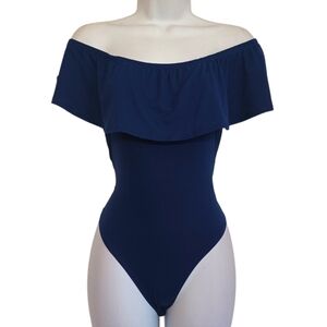 ADAM LEVINE Dark Blue Ruffle Off Shoulder Stretchy Soft Bodysuit Medium NWT